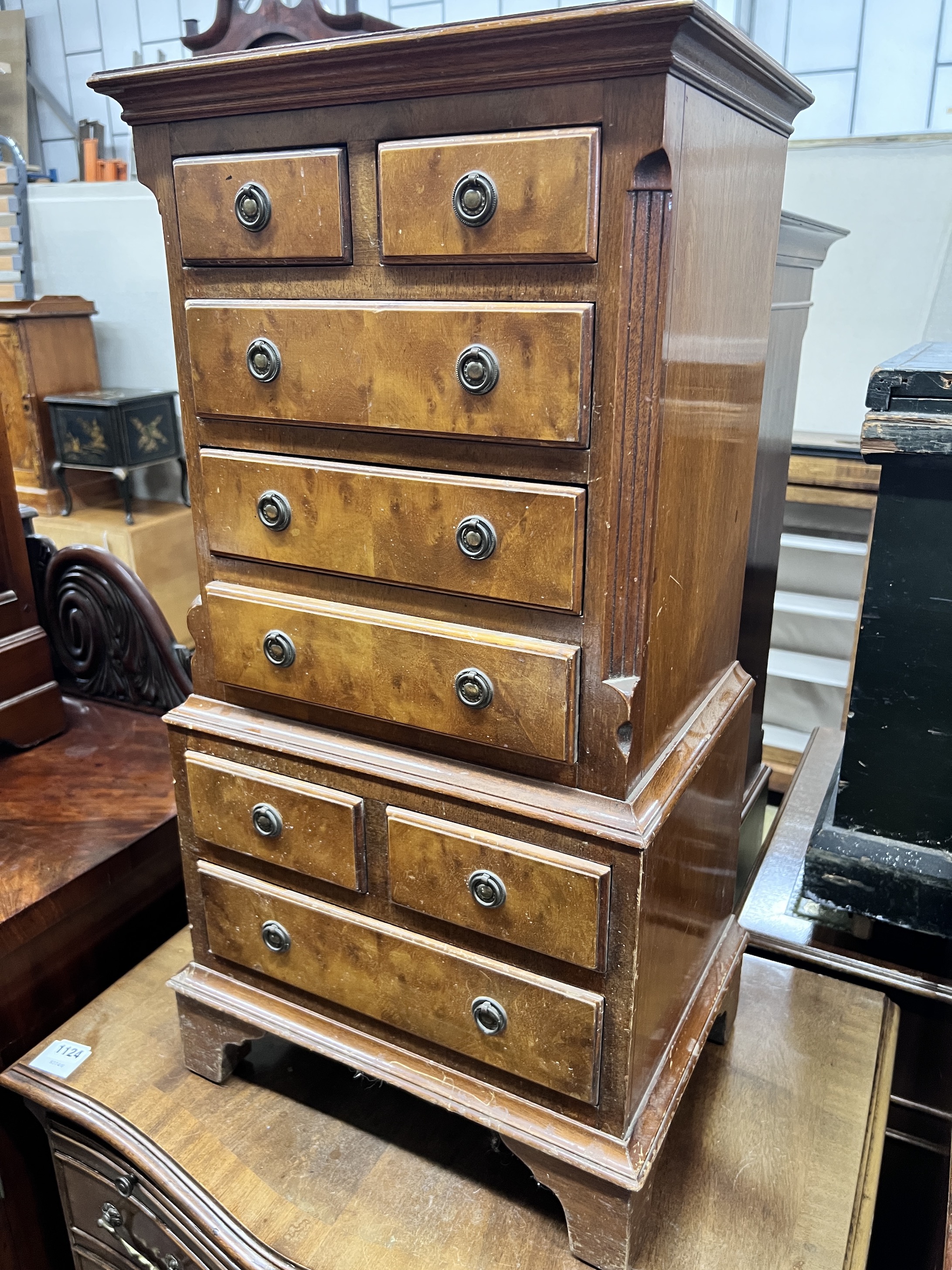 A miniature mahogany walnut tallboy, width 42cm, height 77cm